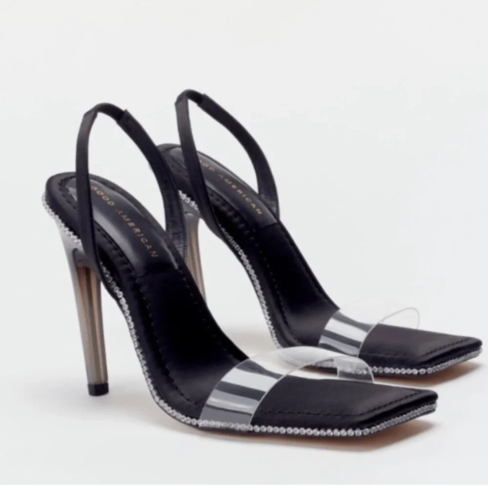 Good American Women's 7 Crystal Crush Lucite Satin Rhinestone Stilletto Heels